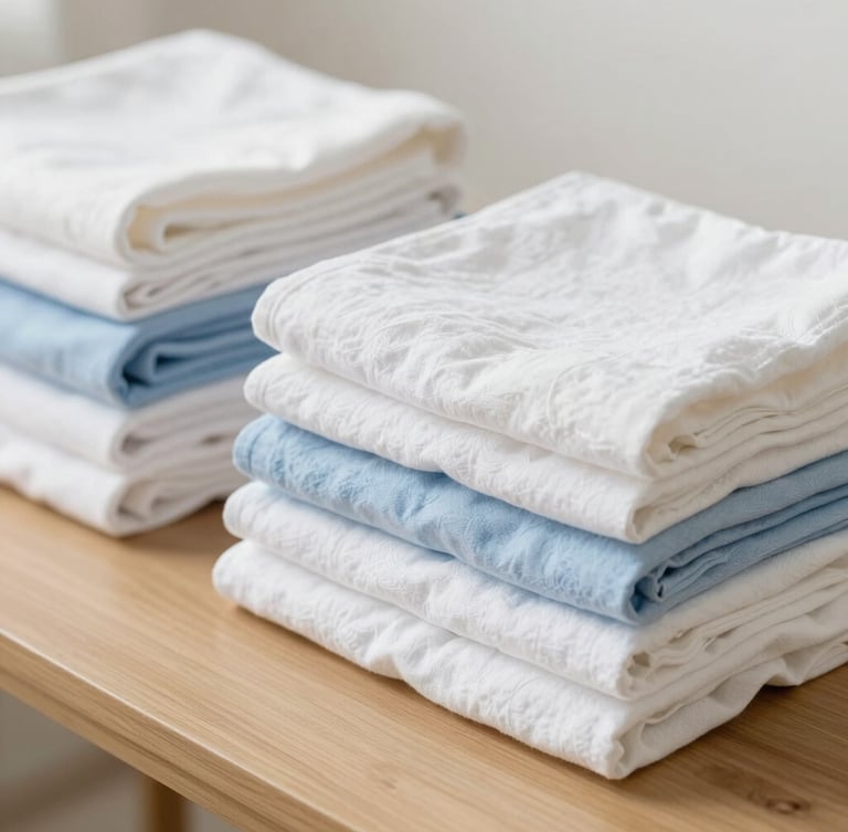 Bright airy photography of neatly folded stacks of high-quality white linen and cotton textiles on a clean wooden table, soft morning daylight, crisp whites and pastel blues, clean minimalist composition, 35mm