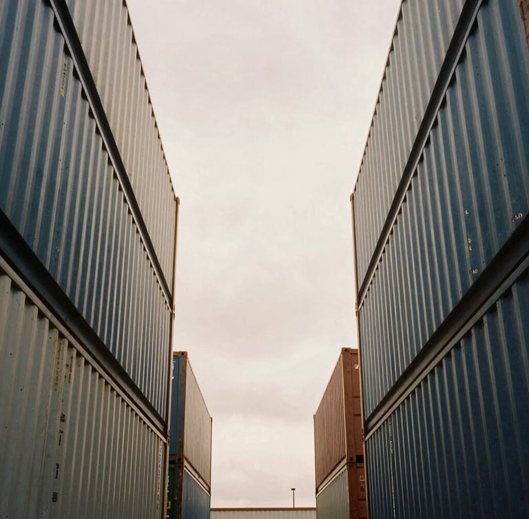 Symmetrical architectural close-up of a modern container port, soft overcast daylight, desaturated warm tones, 35mm style frame.