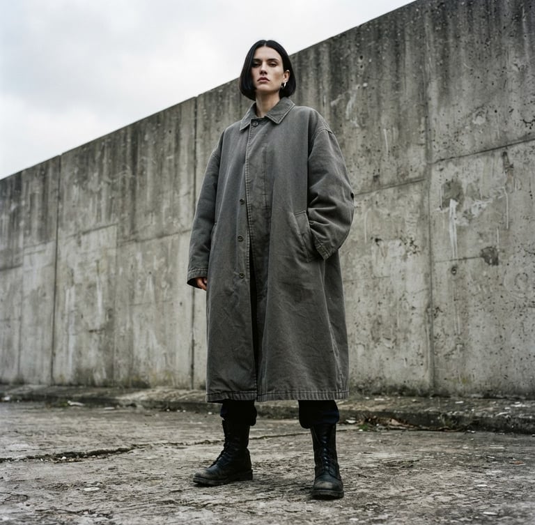 Stark editorial fashion photography, low-angle full-body portrait of a model in a heavy cotton oversized coat against a brutalist concrete wall, cold overcast daylight, desaturated neutral tones.