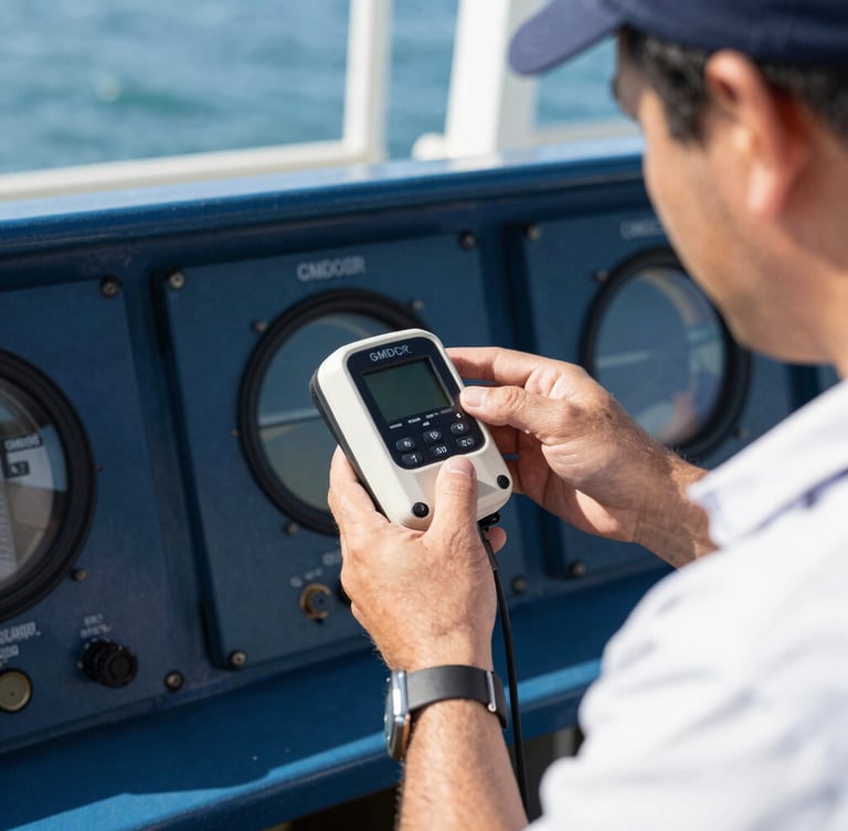 Close-up of a marine surveyor testing a GMDSS radio console on a ship bridge, bright natural daylight, technical marine equipment