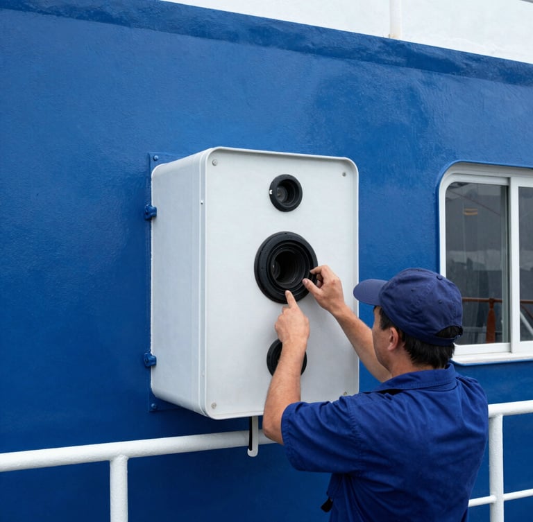 Crisp industrial photography of a marine surveyor testing communication equipment on a ship bridge, bright natural daylight, deep maritime blue tones, sharp focus.