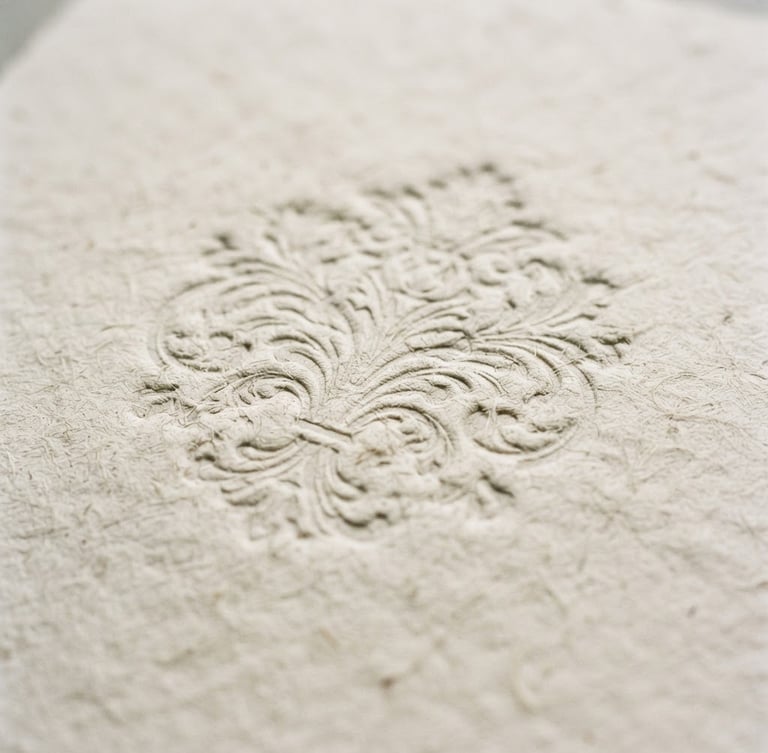 Close-up of textured heavy cotton paper with blind debossing, soft overcast Parisian daylight, muted charcoal and linen tones, 35mm grain