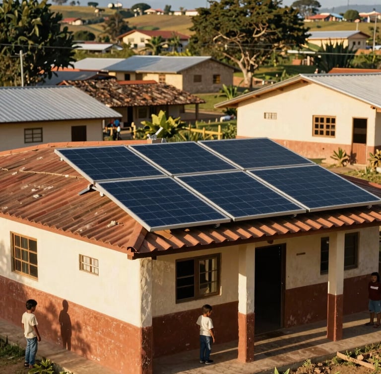 Warm editorial photography of a rural Latin American village, solar panels installed on a school roof, bright natural sunlight, golden hour, authentic community-focused.