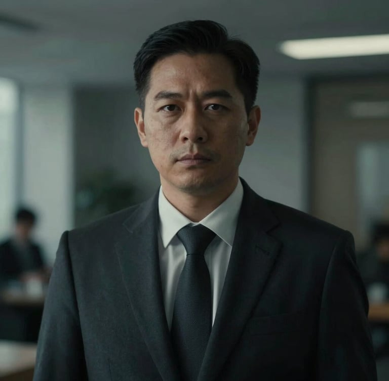 Professional portrait of a male operational lead in a dark suit, serious expression, with a subtle background blur of a modern office interior. Low-key dramatic lighting, cool desaturated tones, sharp focus, cinematic editorial style.