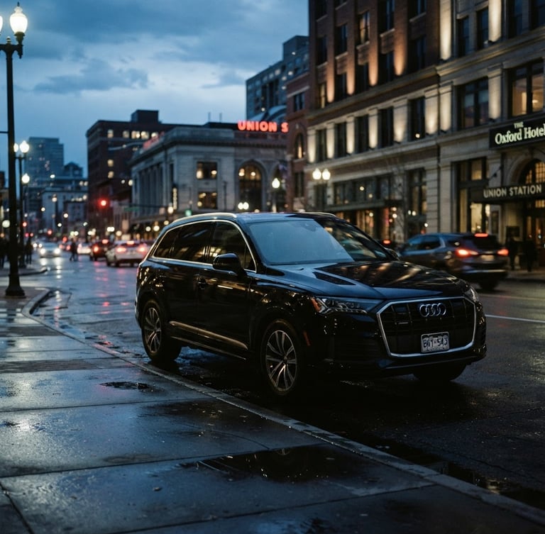 cinematic editorial photography, low-key dramatic lighting, cool desaturated tones, sharp focus, high contrast, 35mm film style. A clean late-model black SUV, parked discreetly on a Denver street at dusk, reflecting city lights, no visible people.