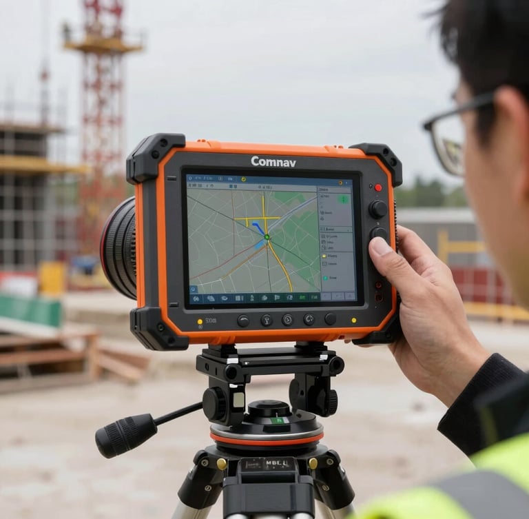 Technician calibrating a ComNav GNSS receiver on a tripod in a construction site, showing a close-up of the ruggedized field controller screen displaying mapping software, bright overcast sky, high-contrast technical details, 50mm lens.