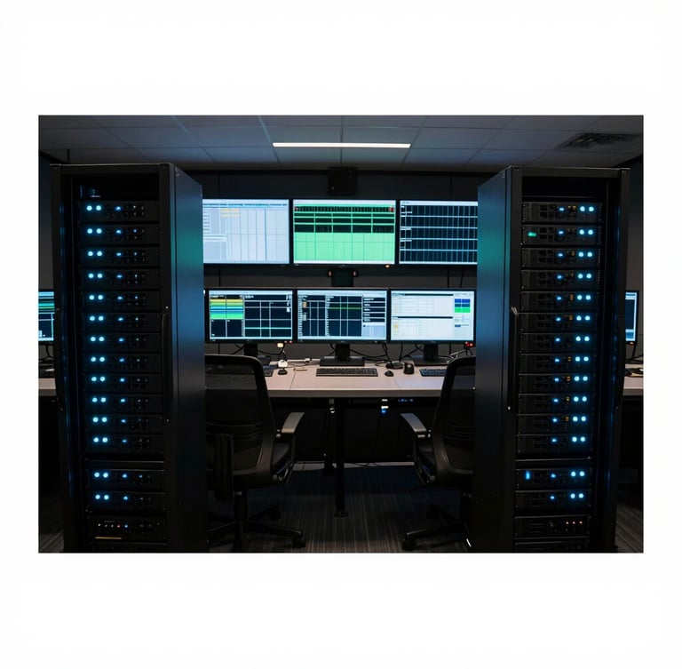 Symmetrical wide-angle shot of a dark broadcast master control room, glowing rack-mounted servers with cyan status LEDs, multi-screen waveform monitors, cool-toned rim lighting.