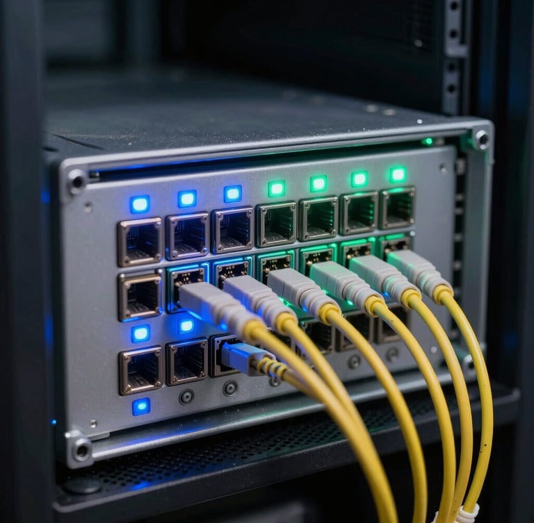 Tight macro shot of rack-mounted server chassis, glowing blue and green status LEDs, fiber optic cables plugged into high-density switches, dark server room environment, sharp rim lighting.