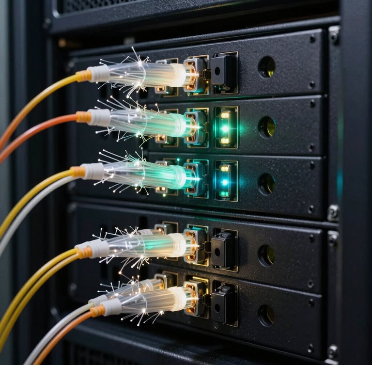 Close-up of high-density fiber optic terminations glowing with active laser signals in a server rack, obsidian metal finish.