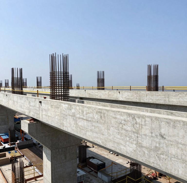 Wide-angle crisp daylight shot of a major Indian coastal bridge construction site, showing clean concrete formwork and reinforcement structures, high-contrast structural textures