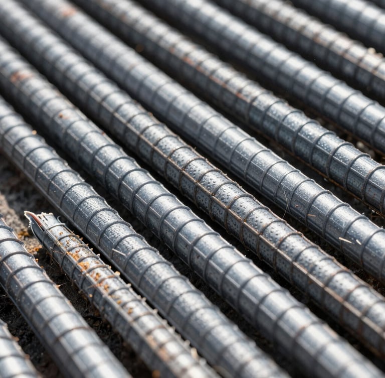 Macro close-up of high-contrast GFRP rebar rib profiles, showing the precise helical wrapping and textured fiber composite surface under bright laboratory spotlight.