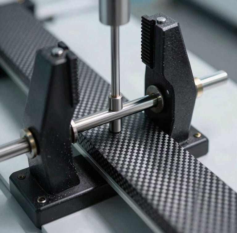 Crisp industrial close-up of a carbon fiber laminate strip being tensile tested in a laboratory, hydraulic grips visible, high-contrast structural textures.