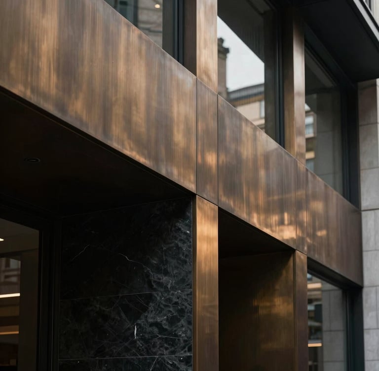 Minimalist architectural detail of a private office in London, sharp angles of brushed bronze and dark slate, low-key indirect natural light, cinematic composition