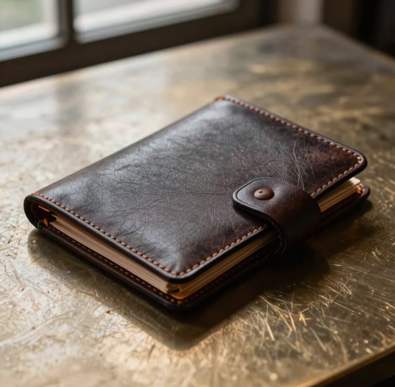 A macro close-up of a hand-bound leather portfolio resting on a heavy brushed bronze table, indirect natural light from a high window casting deep shadows.