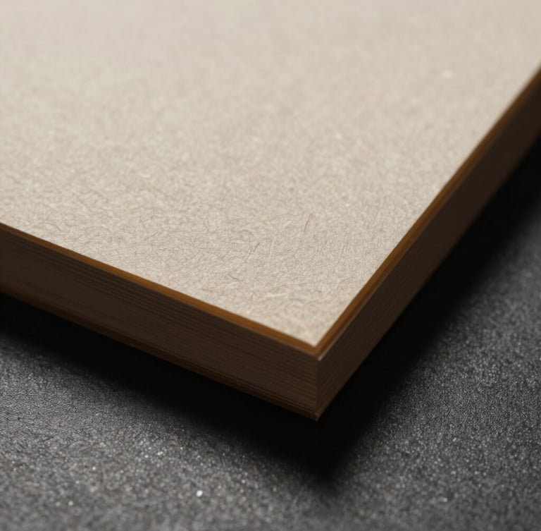 Macro close-up of heavy-weight textured paper and brushed bronze edges, low-key lighting, deep shadows.