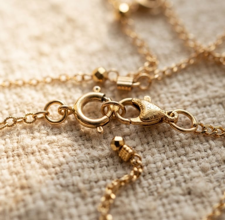 Macro detail shot of gold-plated necklace clasps and fine metal finishes resting on textured sand linen, soft warm side-lit window sun, 35mm lens