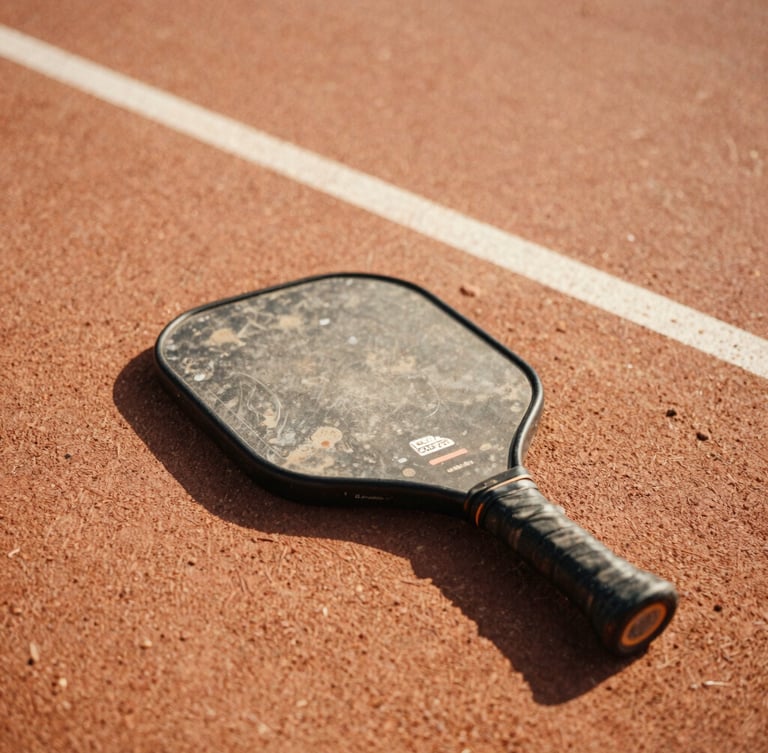 Candid documentary-style close-up of a worn pickleball paddle resting on a sun-baked clay court, warm golden-hour sunlight casting long shadows, 35mm film grain