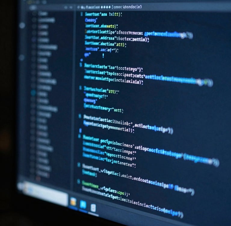 Macro shot of a dark development environment, glowing cool blue lines of Apex code on a high-end monitor, shallow depth of field, sharp focus, clean technical aesthetic