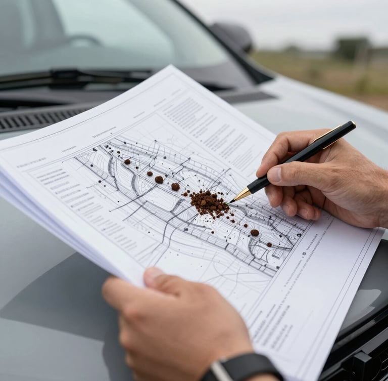 Close-up of hands reviewing a detailed soil report and architectural land blueprint on a truck hood, natural overcast daylight