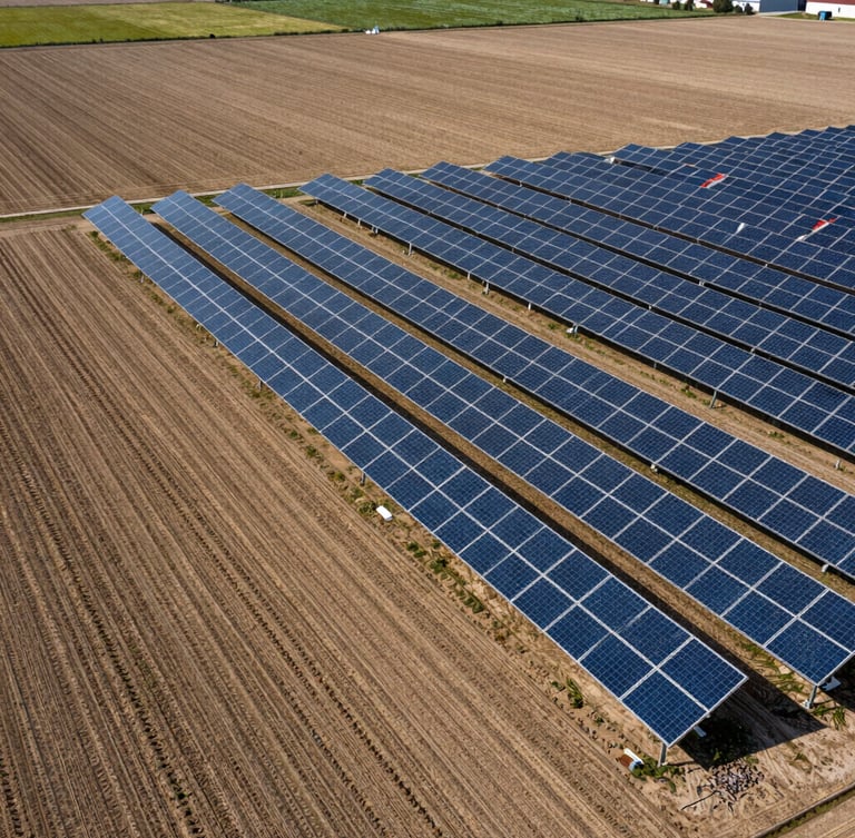 High-angle view of a modern farm layout, showing precise boundary lines between cultivated fields and a newly designated solar array on non-arable soil.
