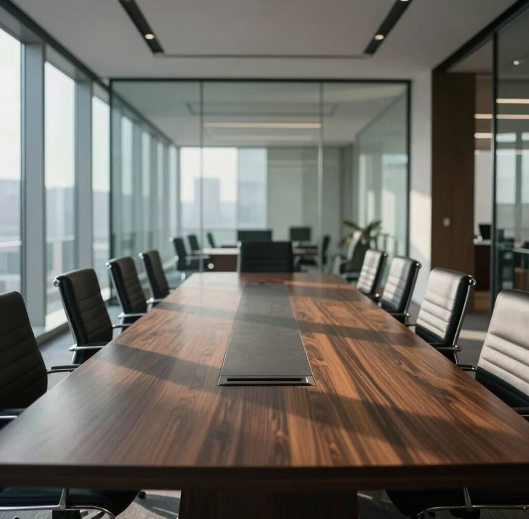 Wide environmental shot of a quiet, high-end corporate boardroom with architectural glass, soft diffused daylight casting long shadows on a dark oak table, unposed.