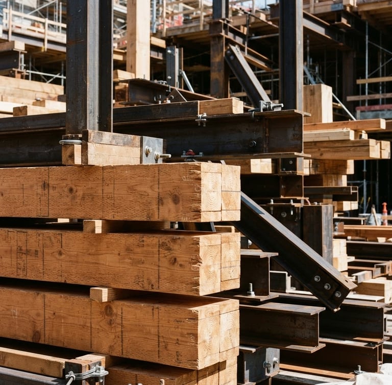 Close-up architectural shot of stacked timber and steel beams on a bright daylight construction site, crisp shadows, 35mm