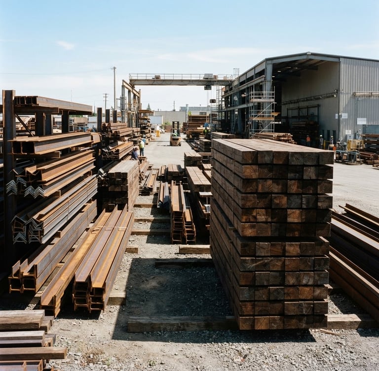 Industrial yard with stacked heavy timber and steel beams under sharp daylight, clean structural lines, architectural photography style