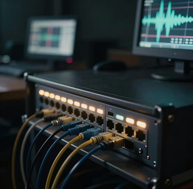 A close-up of a professional live streaming rack with glowing LED indicators, network switch patch cables, and a small monitor showing video waveforms in a dark control room