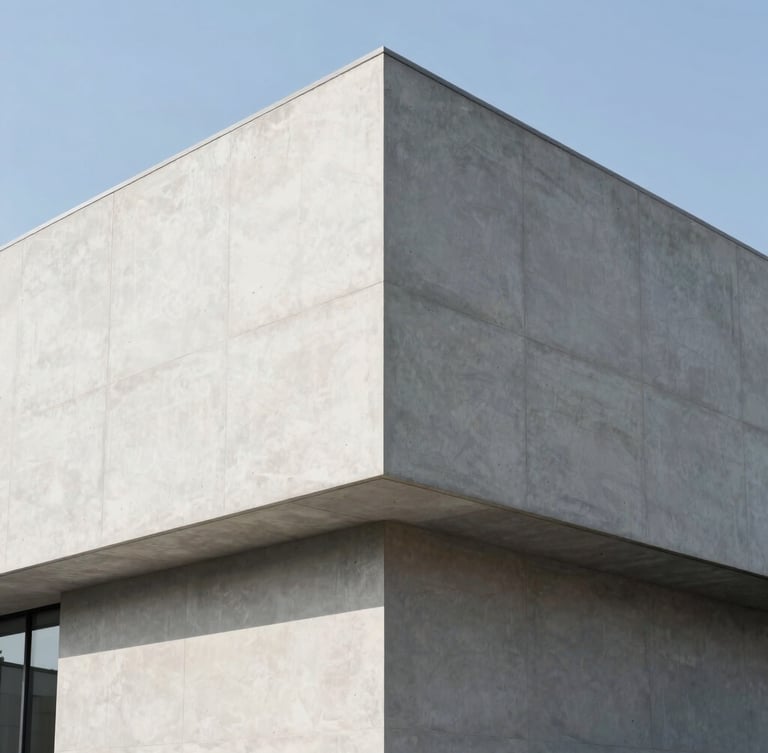 Wide architectural angle of a modern concrete building facade, sharp geometric shadows, bright natural daylight, corporate minimalist tone, 35mm lens.