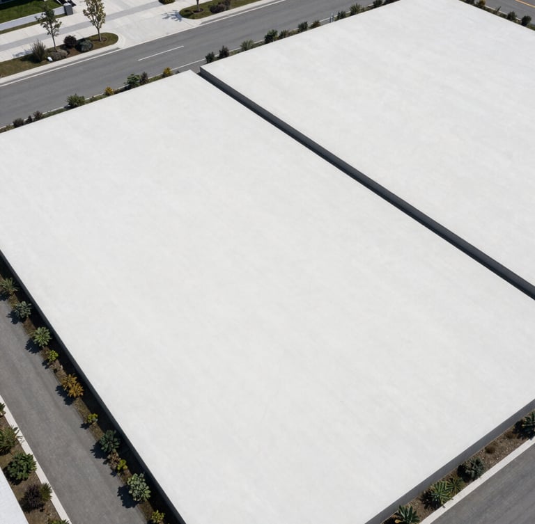 Aerial view of a clean, structured land development plot, bright natural daylight, high contrast, sharp boundaries, professional composition.