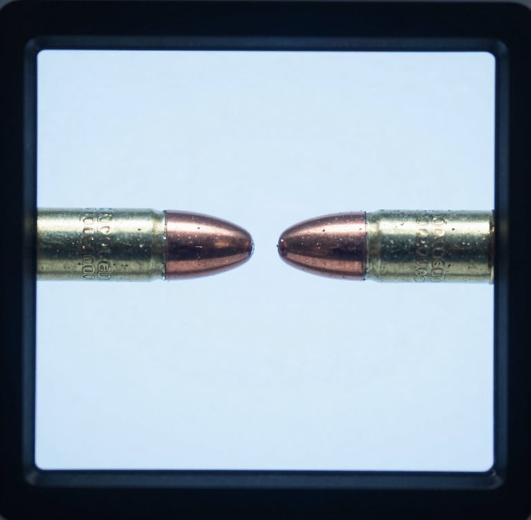 Macro close-up of a ballistic comparison microscope screen, showing side-by-side bullet striations under cold blue laboratory lighting, high-contrast clinical style