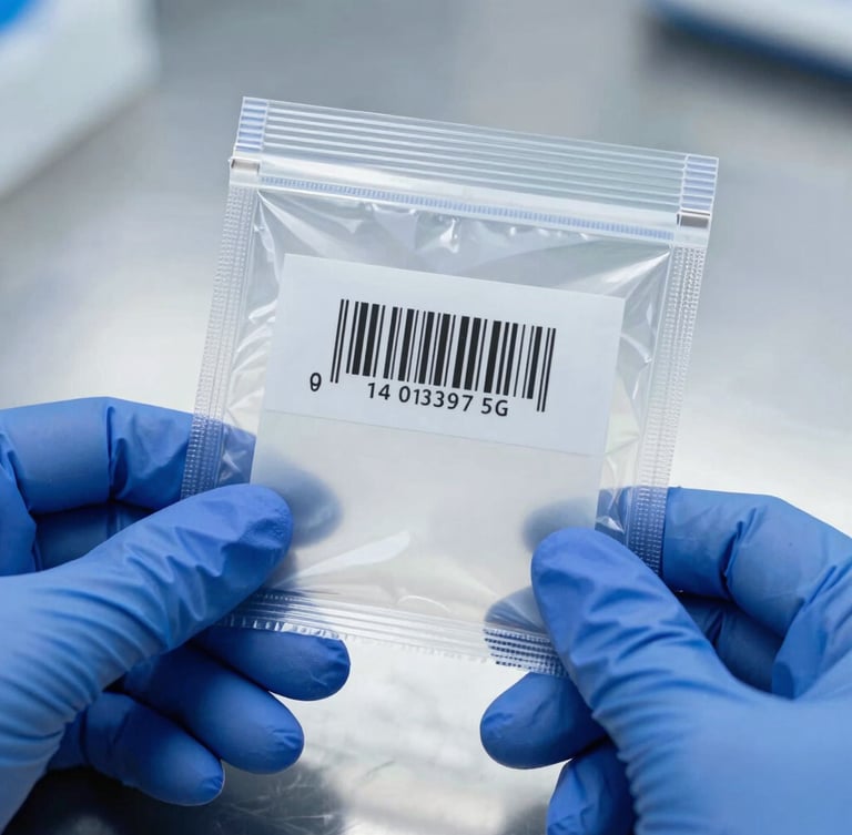 Macro photography of a sealed evidence bag with a technical barcode, handled by hands in blue nitrile gloves, clinical sterile steel background, cool high-contrast lighting