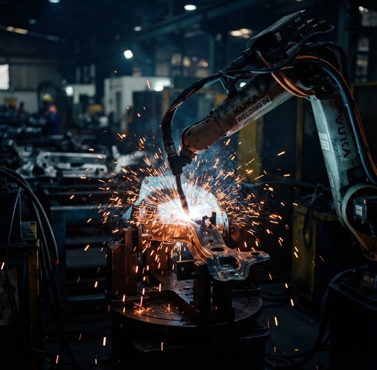 Dramatic close-up of an active robotic welding cell in a Pune factory, safety orange sparks flying against deep navy shadows, crisp focus, 35mm