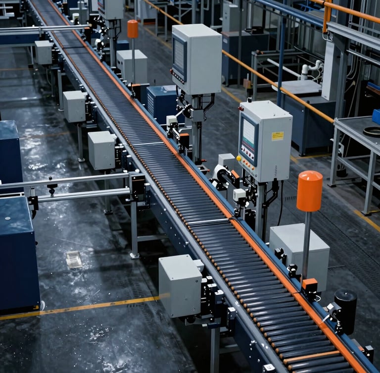 Overhead shot of a clean, automated assembly line with conveyor systems and control panels, industrial navy and safety orange accents, dramatic lighting, 35mm