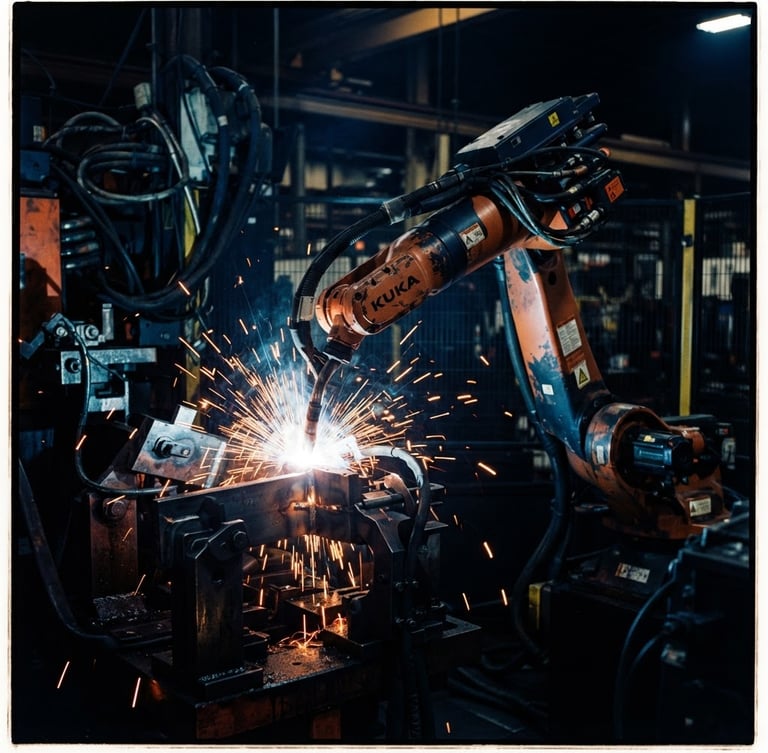 Close-up of a high-precision robotic welding cell with bright sparks, dramatic industrial lighting, deep navy shadows, safety orange highlights, 35mm photography