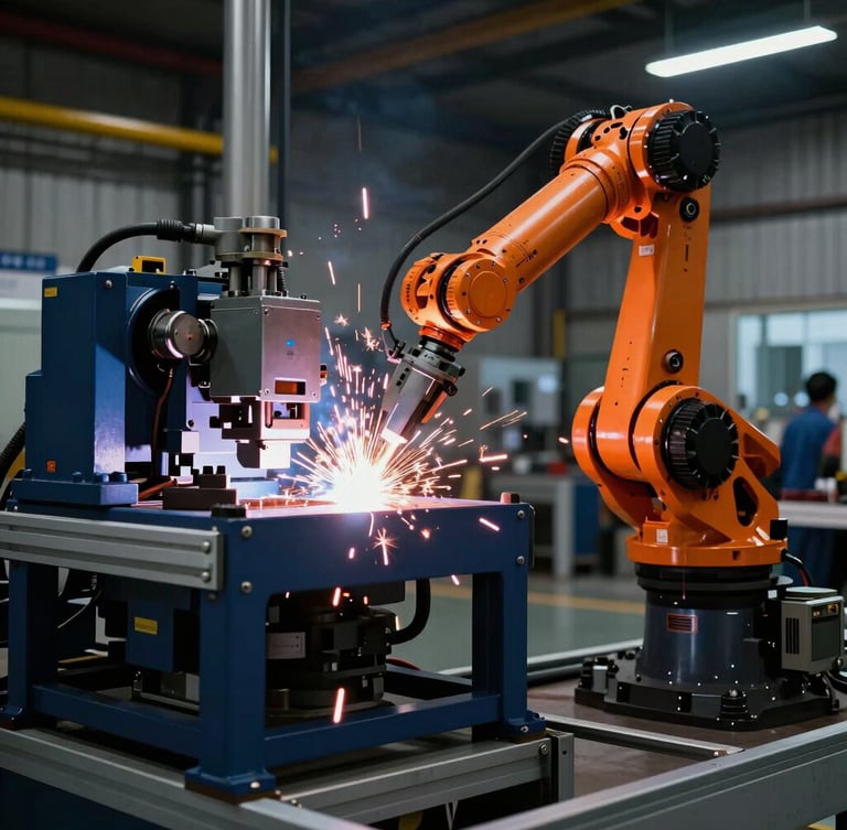 High-contrast industrial photography of a robotic welding cell with dramatic factory floor lighting, deep navy machinery and safety orange sparks, crisp focus, 35mm