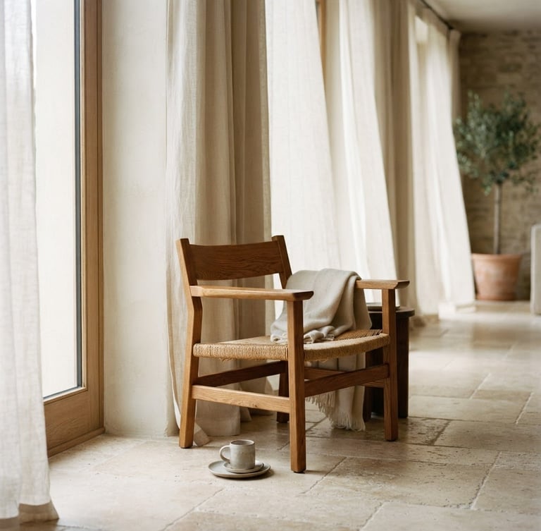 A quiet, sunlit architectural interior with soft linen curtains, natural stone floor, and a warm oak chair, diffused morning window light, muted teal and cream tones, shallow depth of field