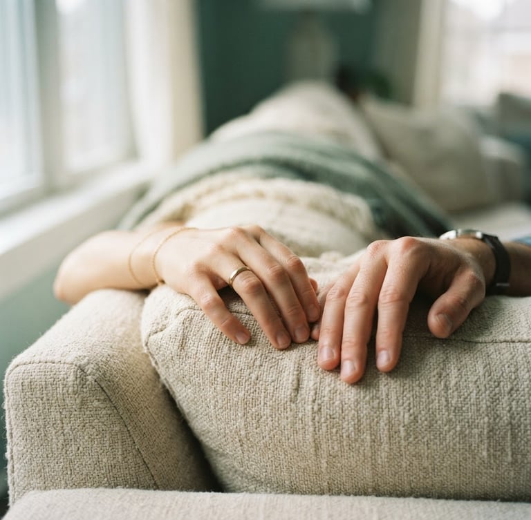 Close-up of two hands resting near each other on a textured linen sofa, soft morning window light, warm cream and sage green tones, shallow depth of field