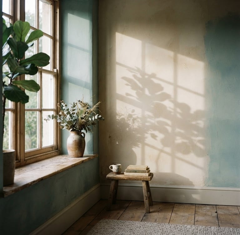 A quiet architectural interior with soft north-facing window light casting delicate leaf shadows on a warm plaster wall, 35mm, muted teal and cream tones.
