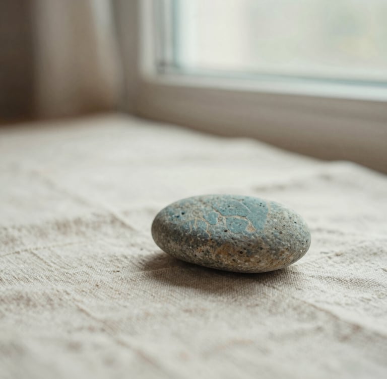Close-up of natural textures, a smooth river stone resting on raw linen under soft, diffused morning window light, shallow depth of field, muted teal and warm cream tones.
