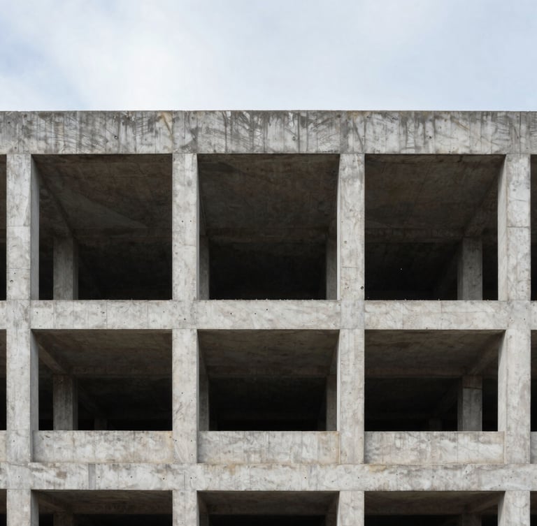 Straight-on architectural framing of an exposed concrete building structure under overcast daylight, sharp geometric lines, unvarnished site reality.