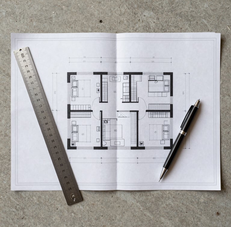 Top-down view of architectural blueprints on a concrete surface, with a technical ruler and a pen, natural daylight, structured composition