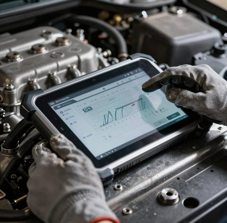 Tight macro shot of a rugged diagnostic tablet resting on a metallic engine bay, cool workshop daylight, high-contrast metallic tones, hands in work gloves operating the touchscreen interface, 50mm