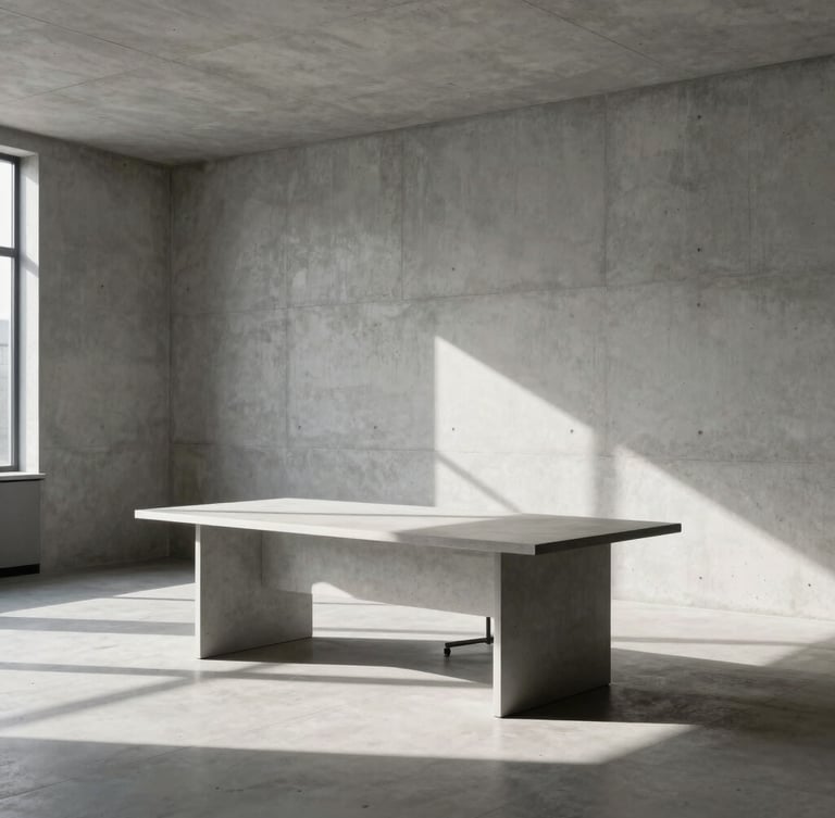 Wide shot of a minimalist architectural workspace with clean concrete lines, high-contrast natural light casting sharp geometric shadows across a large empty desk, Swiss editorial aesthetic.