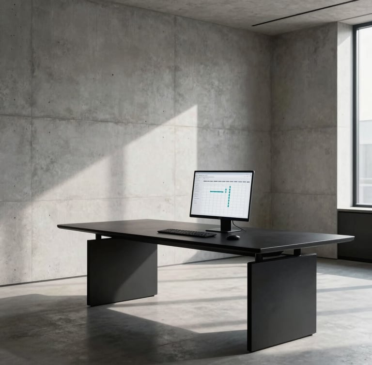 Stark architectural office interior, concrete walls, minimalist black desk with a single clean digital interface showing structured charts, sharp natural side-light, high-contrast shadows.
