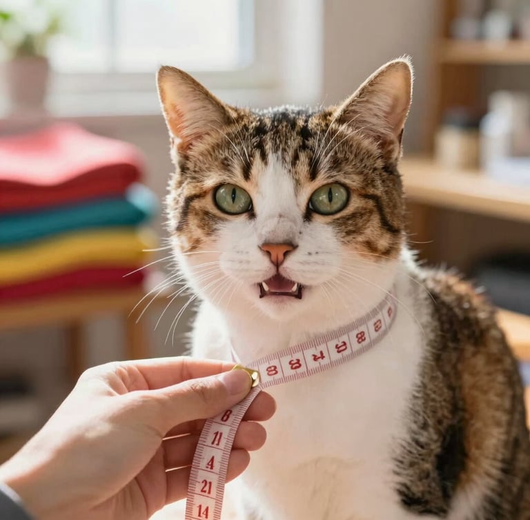 Close-up of a tailor measuring a calm, happy cat with a soft tape measure, warm natural workshop light, colorful fabrics in the background, shallow depth of field