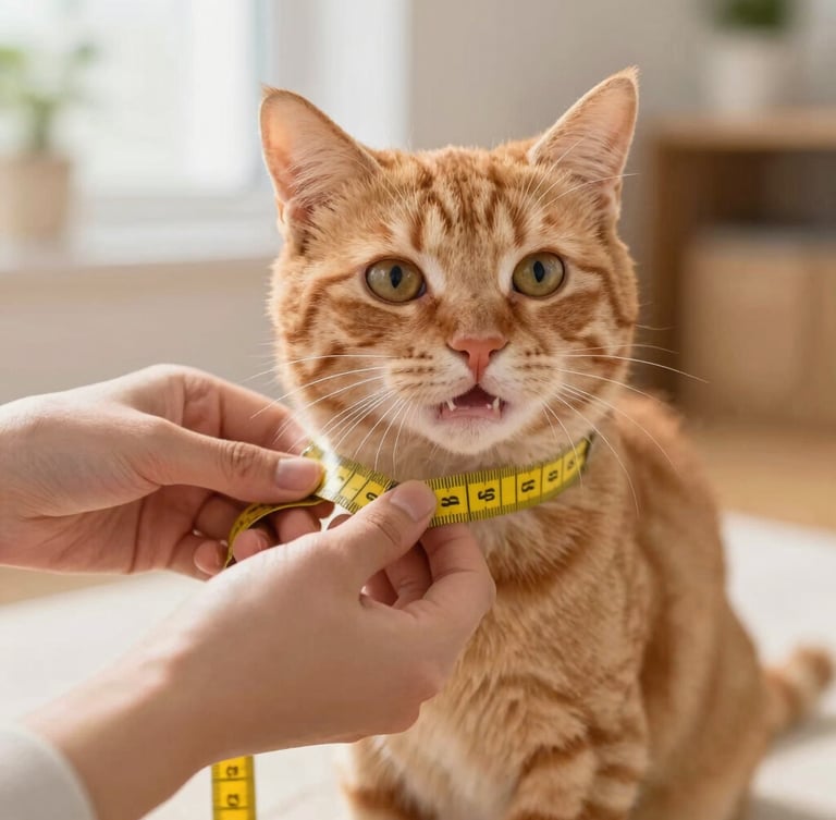 Close up of hands gently measuring a happy ginger cat with a soft yellow tape measure, bright home setting, warm natural daylight, focus on the comfortable fit.