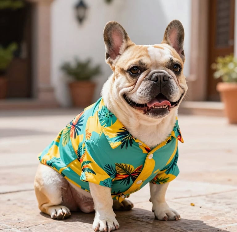 A happy French Bulldog wearing a custom-tailored colorful teal and yellow tropical shirt, sitting comfortably in a bright Mexican courtyard, warm natural daylight, eye-level shot.