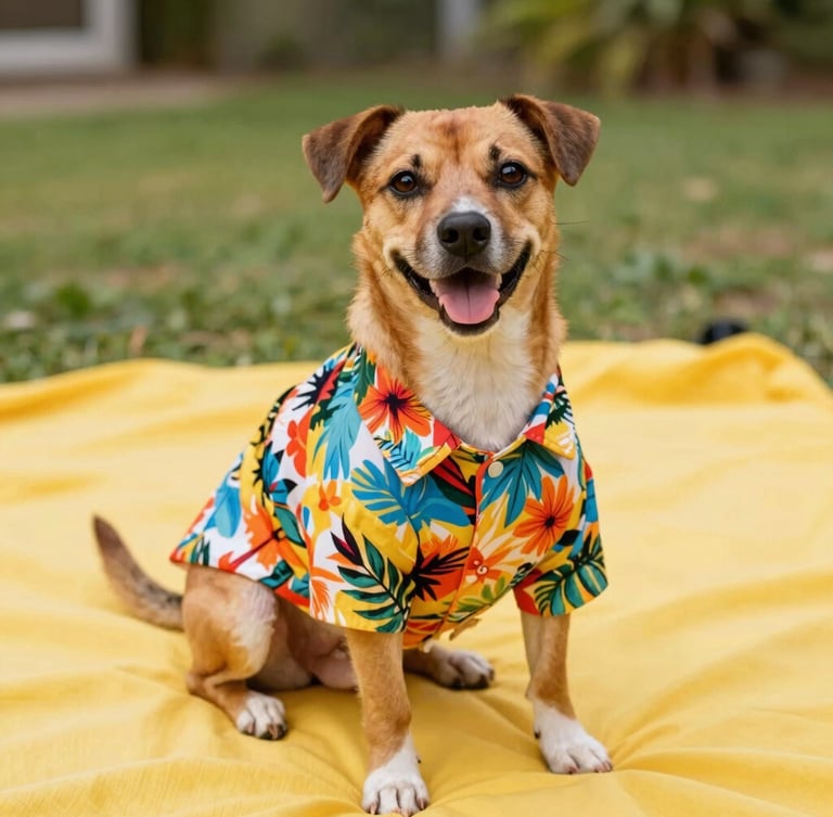 Vibrant editorial pet photography, warm natural daylight, a happy dog wearing a colorful tropical Hawaiian shirt sitting on a bright yellow blanket, shallow depth of field, eye-level shot