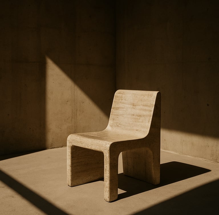 A single sculptural travertine chair in an empty raw concrete room, harsh high-contrast desert sunlight casting long dramatic shadows on sand-colored walls, medium format film.